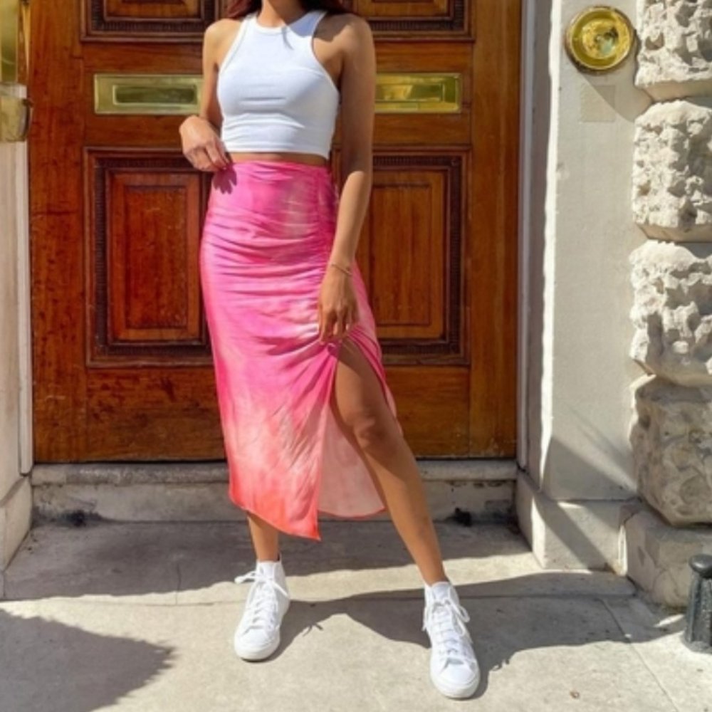 ZARA HOT PINK BARBIE SILKY RUCHE MIDI SKIRT SIZE XS